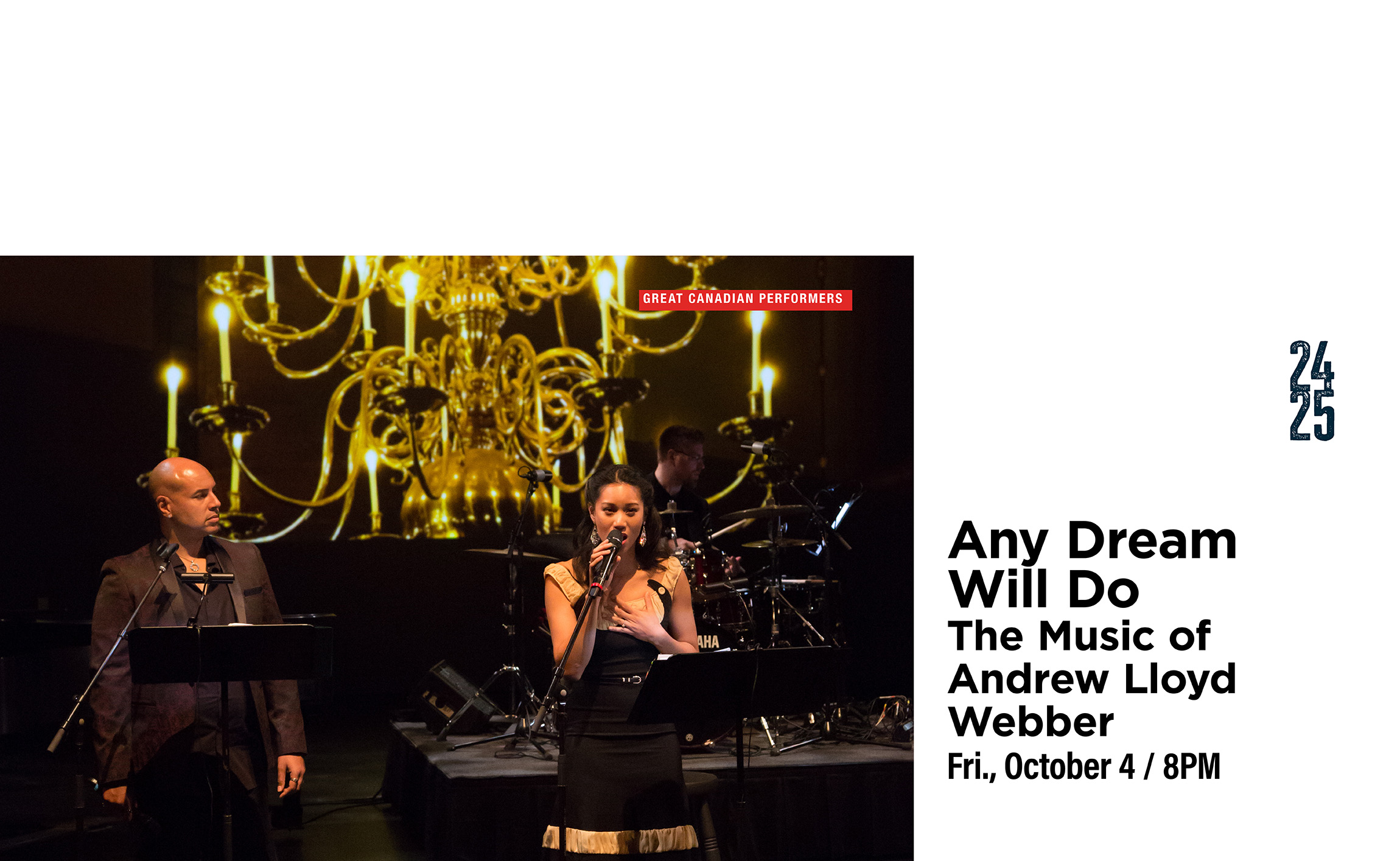 A promotional image featuring a male and a female singer on stage under a chandelier. Text includes event details: "Any Dream Will Do: The Music of Andrew Lloyd Webber. Fri., October 4 / 8PM".