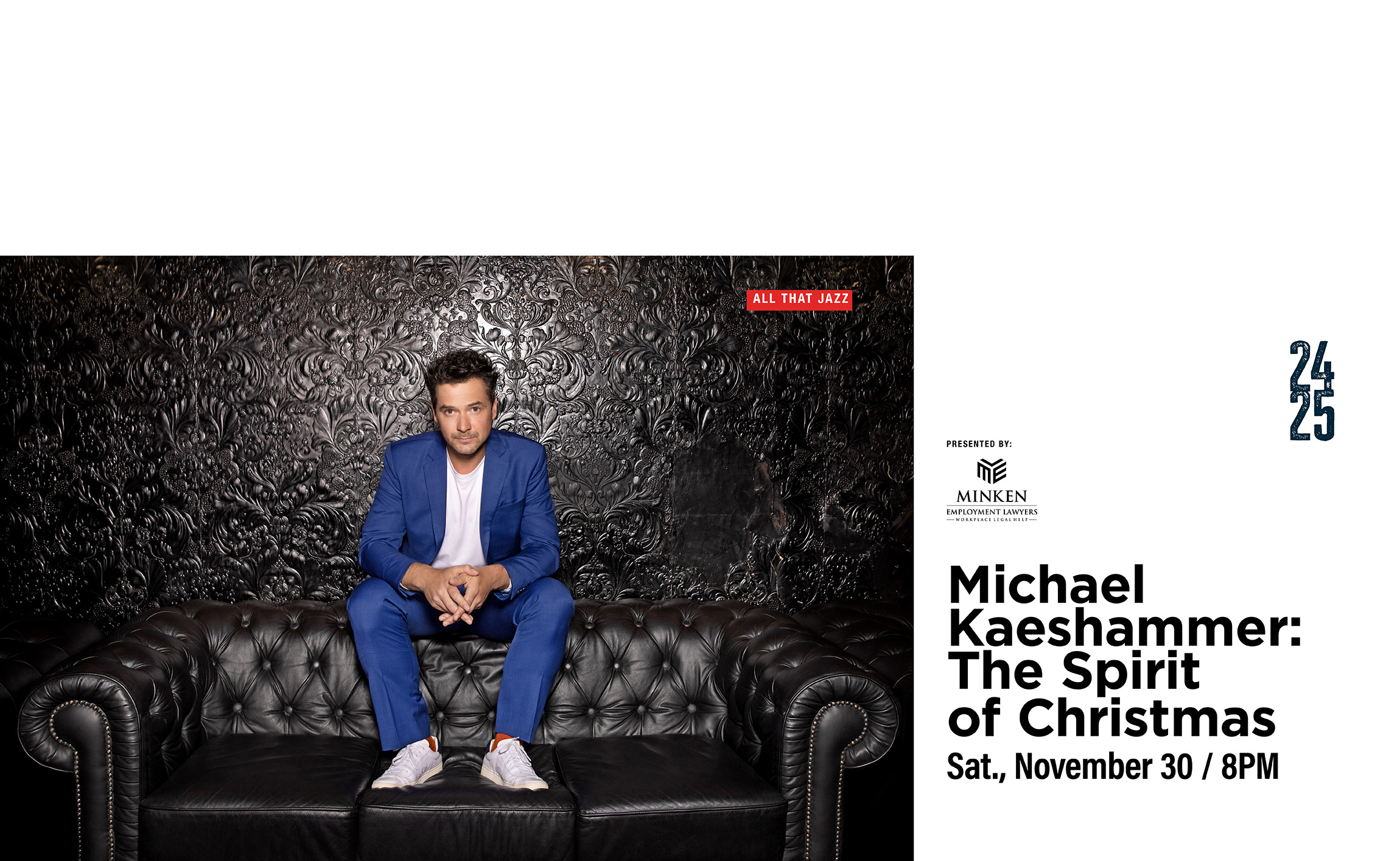 A man in a blue suit sits on a black leather couch against an ornate dark background. Text on the right reads: "Michael Kaeshammer: The Spirit of Christmas" with event details: "Sat., November 30 / 8PM." 