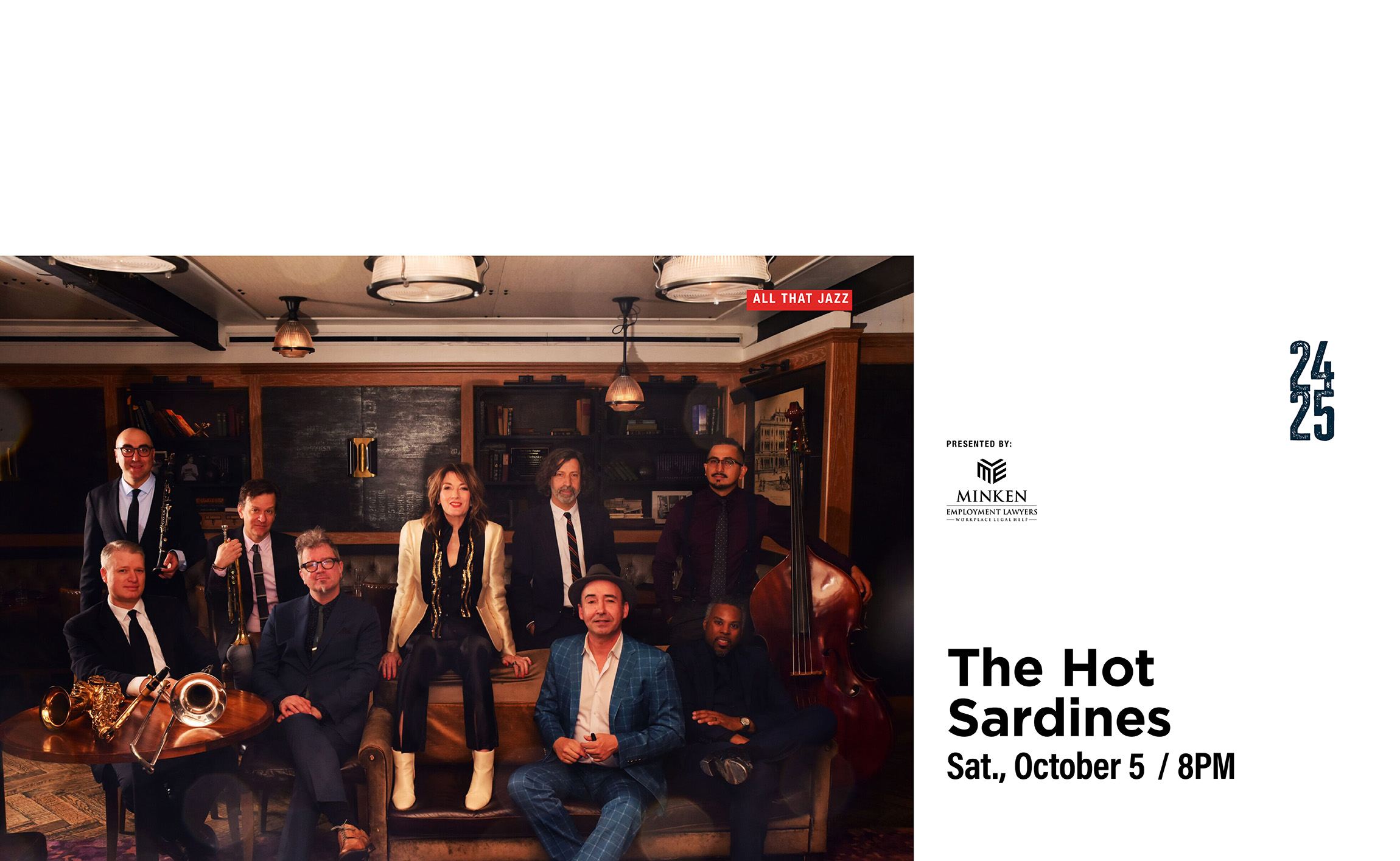 A jazz band named The Hot Sardines is posed in a cozy, dimly lit room with instruments. The band members, dressed in suits and formal attire, sit and stand around a coffee table. Text includes event details:  "The Hot Sardines, Sat., October 5 / 8PM.