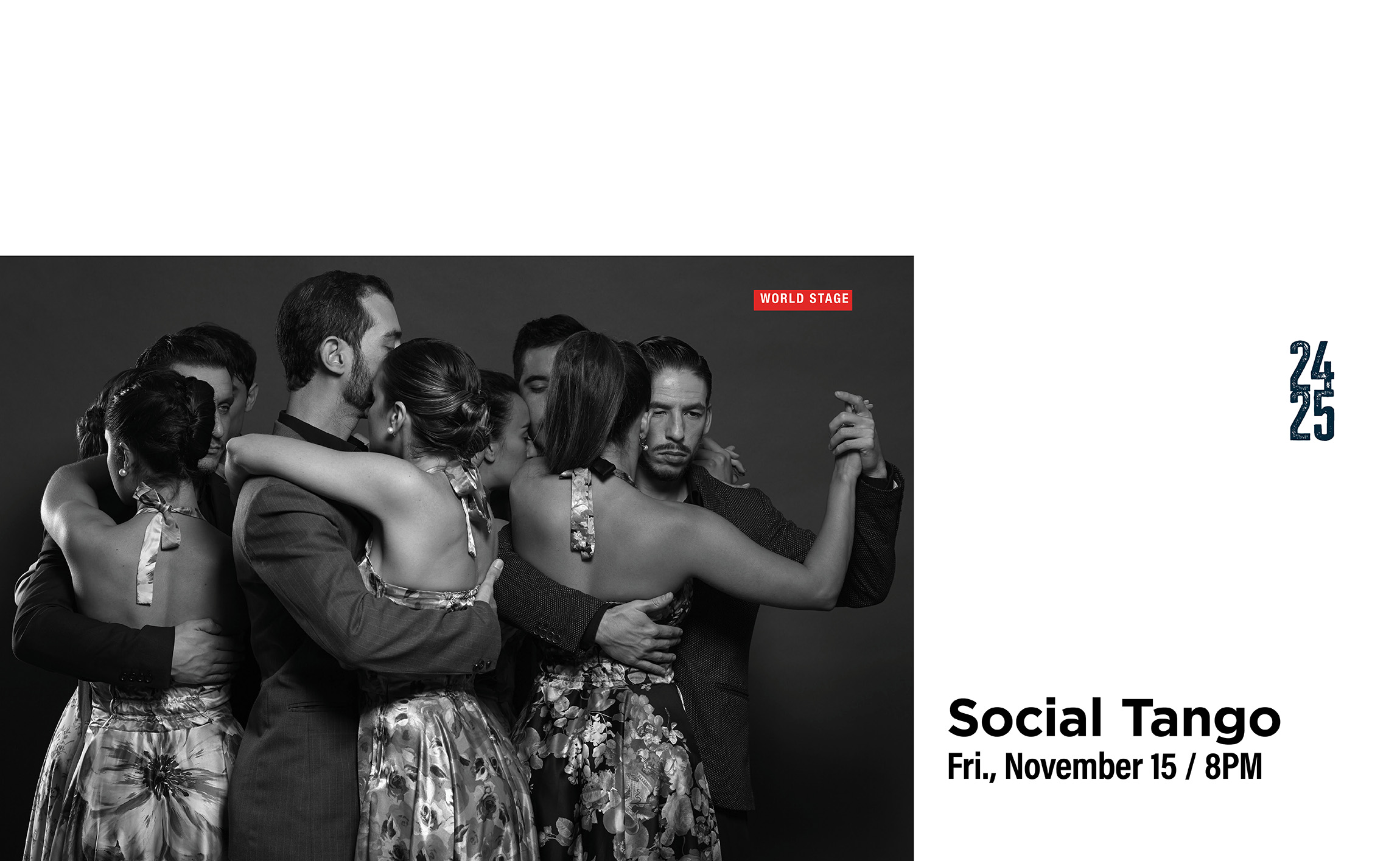 A black-and-white photo shows four couples, each engaged in a close embrace as if dancing. The men are dressed in formal attire, while the women wear patterned dresses.   Text includes event details:  "Social Tango, Fri., November 15 / 8PM."